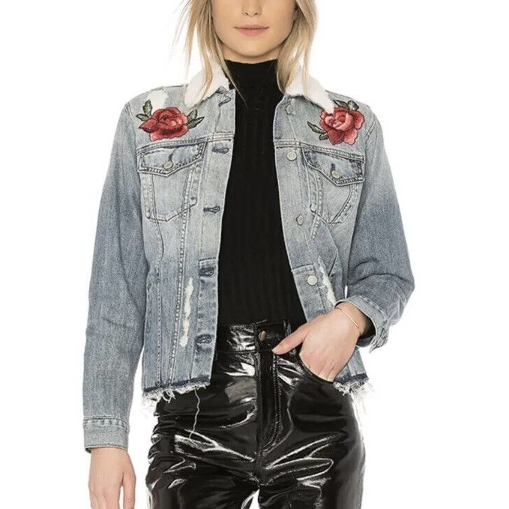 RAILS Jean Jacket Ramsey Floral Embroidered Distressed Denim with Ivory Fur L